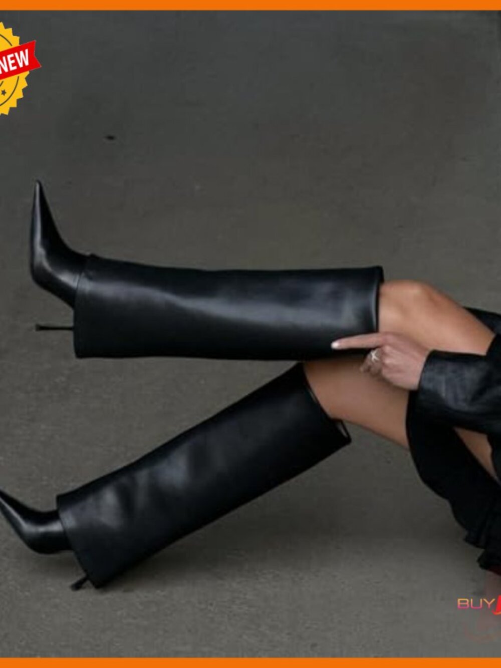 Knee High Boots Fold Over Pointed Toe Stiletto Heel Wide Calf Zipper - Picture 3 of 7